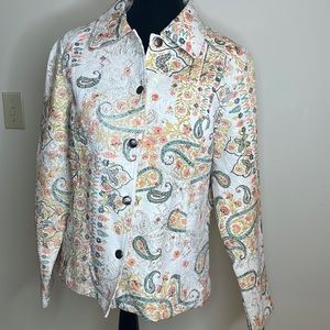Kaktus textured paisley jacket. Size L. Cream, coral, gold, turquoise.